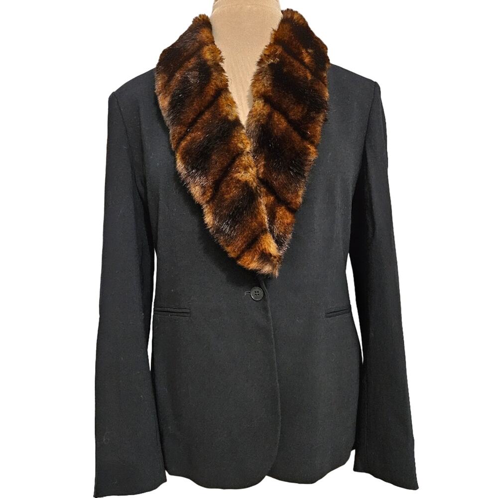 Lauren Ralph Lauren‎ Wool Button Front Blazer Faux Fur Shawl Collar Size 10